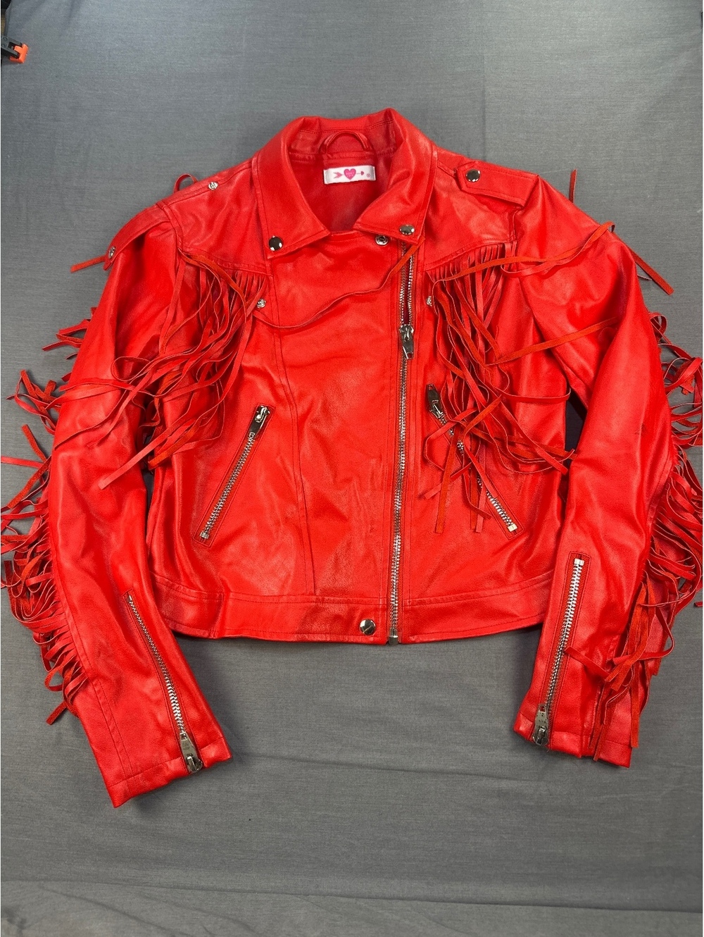 Buddy Love Women Leather Fringe Jacket Medium Red PU Polyester